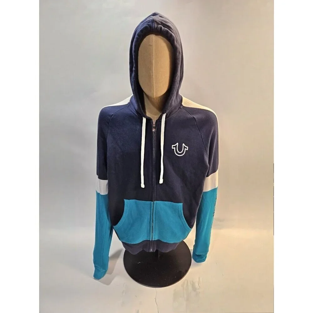 True Religion Hoodie XL X-Large Blue Whte Aqua Pre Owned 100 Authentic !!